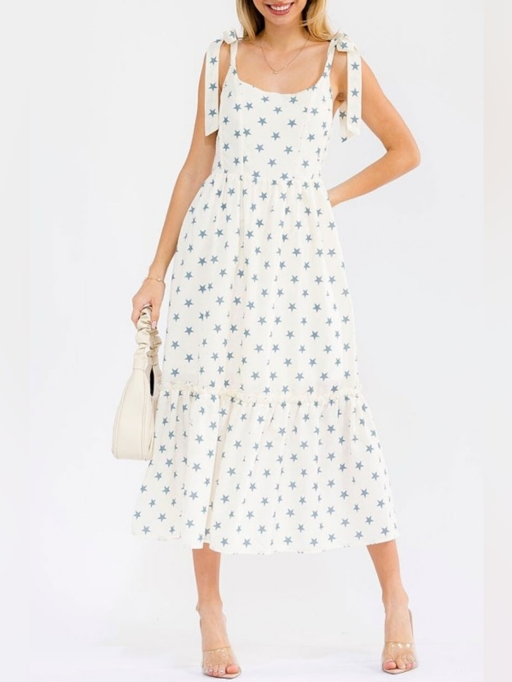 10-0509 Cotton Summer Sleeveless Cream Star-Print Tie-Shoulder Midi Dress